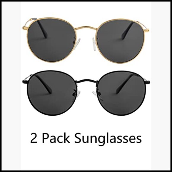 Metal Frame Polarized Sunglasses, Small Round Retro Style, 2 Pack